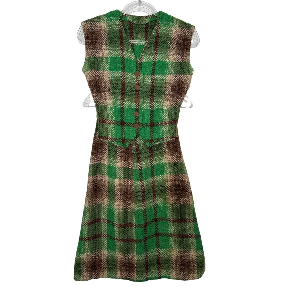 1970s Handmade Green Brown Plaid Skirt & Vest Set XXS - Picture 2 of 14